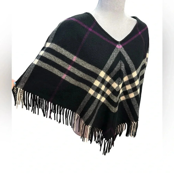 Burberry London Womens Black Plaid V-Neck Fringe Poncho Sweater Size S/M - Picture 5 of 9